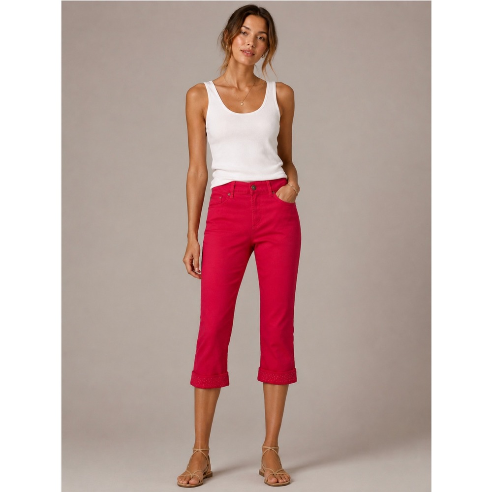 New NYDJ Crop Jeans 6 Pink Original Slimming Fit Rhinestone Cuff Capri Lift Tuck